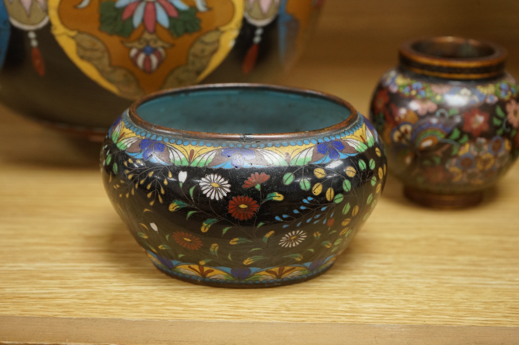 A large Japanese cloisonné enamel globular Koro and Cover, and three other pieces of cloisonné enamel, largest 211cm high